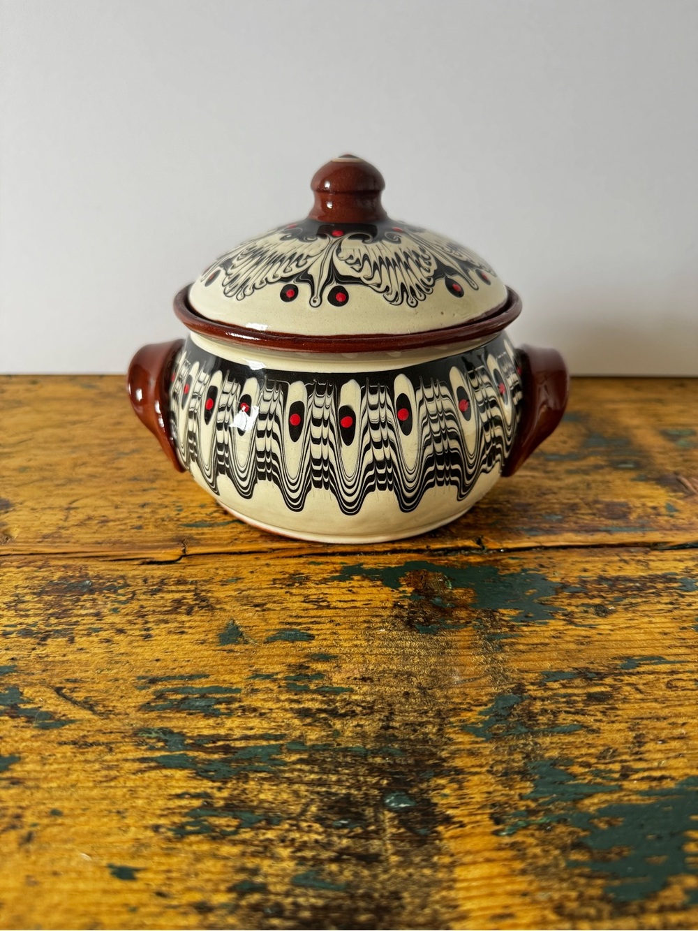 Hand-Painted Ceramic Lidded Sugar Bowl in Cream, Black and Brown